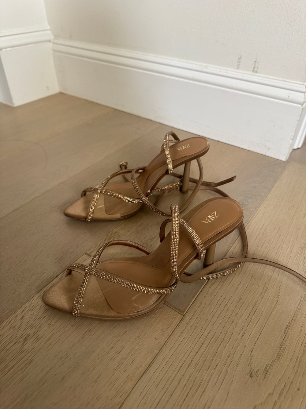 Zara Metallic Gold Rhinestone Wrap-Heel Sandals